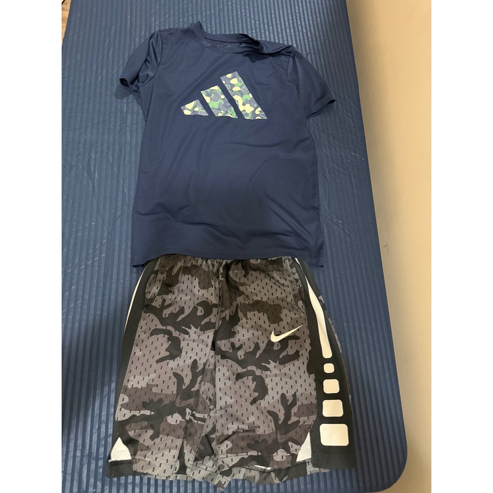 Boys Adidas Shirt and Nike Elite Camo Shorts Set Navy Grey Size Large 14/16